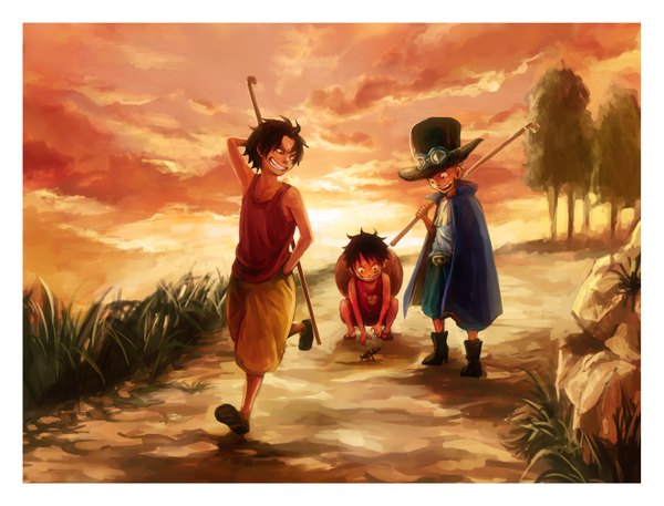 Anime picture 1383x1054 with one piece toei animation monkey d. luffy portgas d. ace sabo (one piece) tsuyomaru short hair black hair smile black eyes border evening sunset scar freckles boy plant (plants) hat glasses shorts