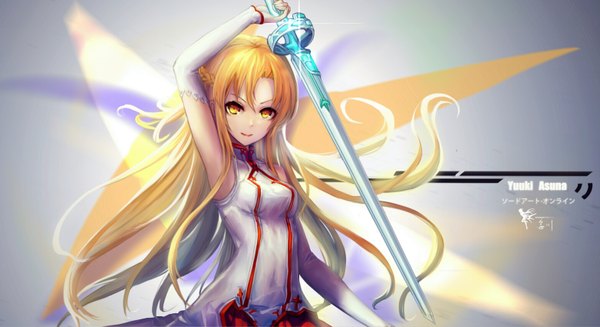 Anime picture 1563x854 with sword art online a-1 pictures yuuki asuna wangchuan de quanyan single long hair looking at viewer breasts blonde hair wide image yellow eyes armpit (armpits) girl navel weapon sword