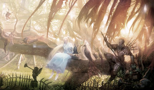Anime picture 1319x773 with numon quallet long hair blonde hair wide image fantasy girl boy weapon plant (plants) animal tree (trees) bird (birds) book (books) statue