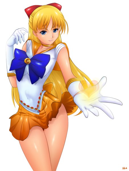 Anime picture 960x1270 with bishoujo senshi sailor moon toei animation aino minako sailor venus khalitzburg single long hair tall image looking at viewer blue eyes light erotic simple background blonde hair white background legs half updo girl dress gloves bow