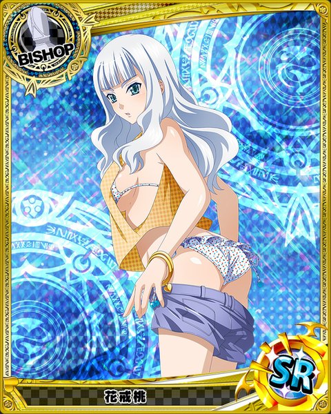 Anime picture 640x800 with highschool dxd hanakai momo single long hair tall image looking at viewer breasts blue eyes light erotic white hair card (medium) girl swimsuit bikini shorts bracelet short shorts