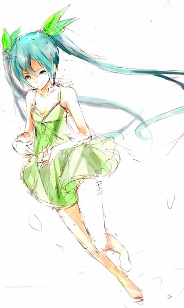 Anime picture 2028x3394 with vocaloid hatsune miku pyon0x0 single long hair tall image highres simple background white background twintails bare shoulders holding barefoot aqua eyes light smile aqua hair no shoes girl flower (flowers) sundress