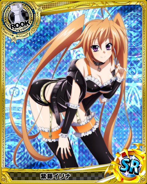 Anime picture 640x800 with highschool dxd shidou irina single tall image looking at viewer breasts light erotic smile brown hair purple eyes twintails very long hair open jacket card (medium) girl thighhighs skirt black thighhighs detached sleeves miniskirt