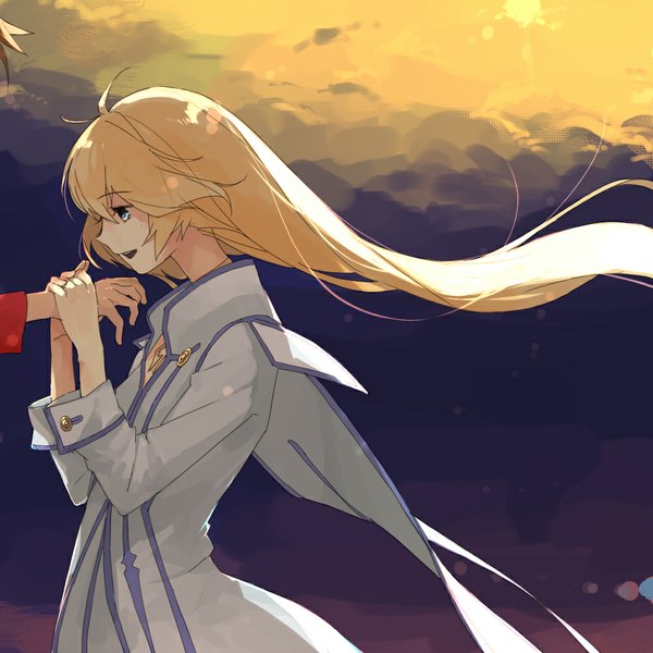 Anime picture 1000x1000 with tales of (series) tales of symphonia collet brunel lloyd irving long hair short hair open mouth blue eyes blonde hair smile brown hair holding looking away cloud (clouds) wind girl