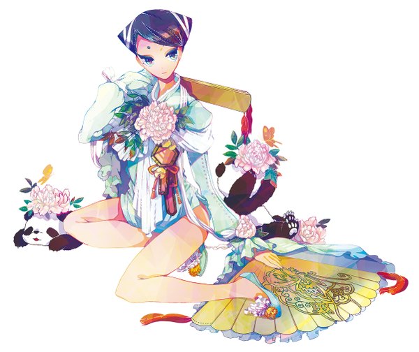 Anime picture 1202x1010 with original pepepo (kyachi) single short hair black hair white background sitting aqua eyes legs girl shoes insect butterfly fan panda