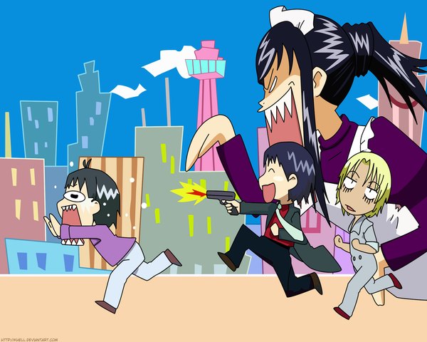 Anime picture 1280x1024 with jungle wa itsumo hale nochi guu tagme (character) bel (jungle wa itsumo hale nochi guu) asio (jungle wa itsumo hale nochi guu) robert (jungle wa itsumo hale nochi guu) long hair short hair open mouth black hair blonde hair purple hair eyes closed :d grey hair multiple boys teeth sharp teeth running firing chasing