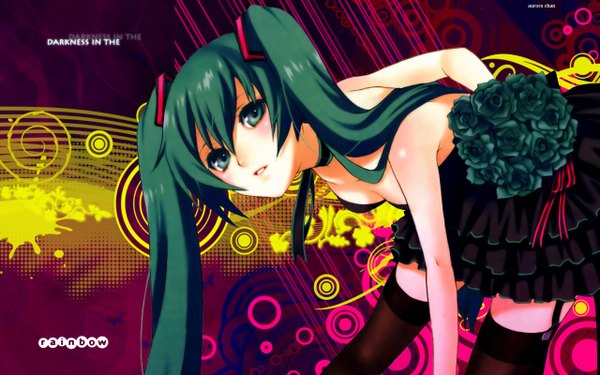 Anime picture 1280x800 with vocaloid hatsune miku single long hair looking at viewer open mouth wide image twintails bare shoulders green eyes cleavage green hair girl thighhighs dress flower (flowers) black thighhighs