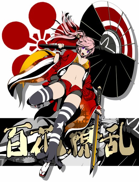 Anime picture 1000x1300 with hyakka ryouran samurai girls arms corporation ayase tamaki single long hair tall image breasts open mouth light erotic purple eyes pink hair ponytail traditional clothes girl thighhighs navel weapon sword shorts katana
