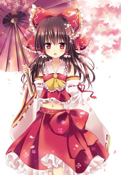 Anime picture 1183x1707 with touhou hakurei reimu mayo (miyusa) single long hair tall image looking at viewer blush black hair red eyes traditional clothes miko girl skirt bow hair bow detached sleeves petals umbrella skirt set