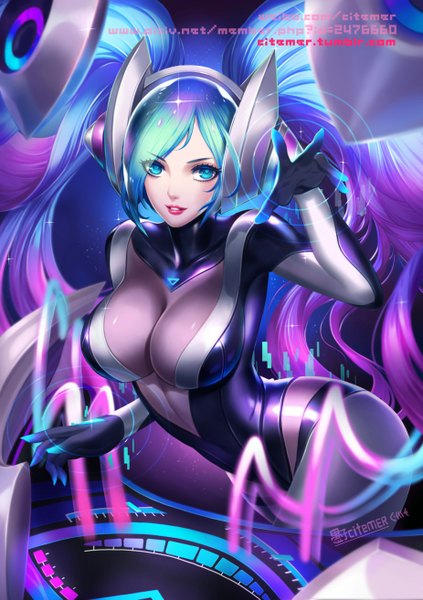 Anime picture 926x1314 with league of legends sona buvelle gu-ko citemer single tall image looking at viewer breasts blue eyes light erotic large breasts standing blue hair pink hair very long hair multicolored hair two-tone hair leaning leaning forward lipstick outstretched arm