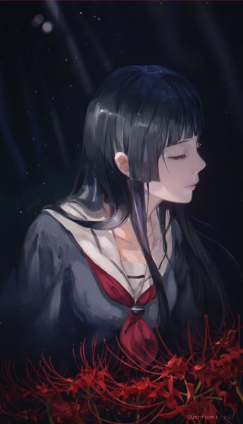 Anime picture 722x1256 with hell girl studio deen enma ai jn3 single long hair tall image black hair eyes closed profile lips watermark dark background hime cut girl uniform flower (flowers) serafuku higanbana