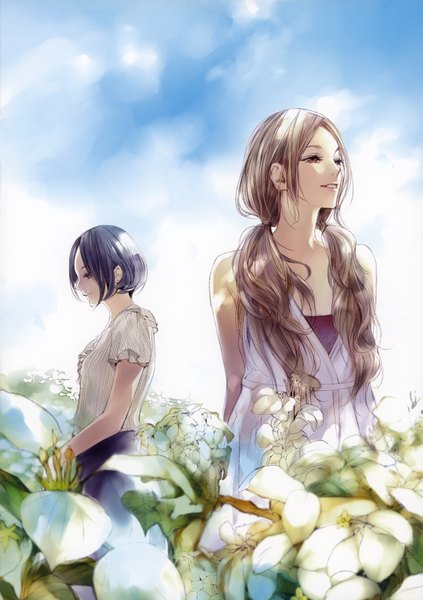 Anime picture 1235x1750 with original kiyohara hiro long hair tall image short hair open mouth blonde hair smile standing twintails multiple girls brown eyes looking away sky purple hair cloud (clouds) sunlight girl flower (flowers) 2 girls