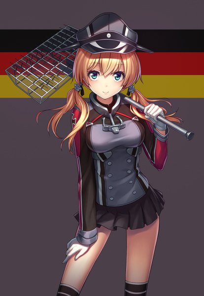 Anime picture 1120x1623 with kantai collection prinz eugen (kantai collection) athrun1120 single long hair tall image looking at viewer blush breasts blue eyes blonde hair smile twintails holding pleated skirt girl skirt gloves uniform miniskirt