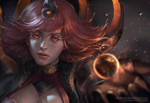 Anime picture 2000x1372 with league of legends lux (league of legends) chubymi single looking at viewer highres short hair red eyes signed red hair parted lips lips realistic depth of field lipstick floating hair magic portrait outstretched hand fantasy