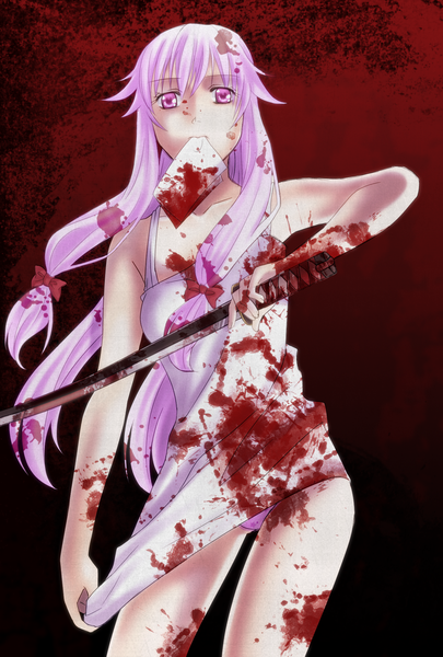 Anime picture 1378x2039 with mirai nikki gasai yuno single long hair tall image pink eyes mouth hold bloody clothes girl bow weapon hair bow sword katana blood sundress