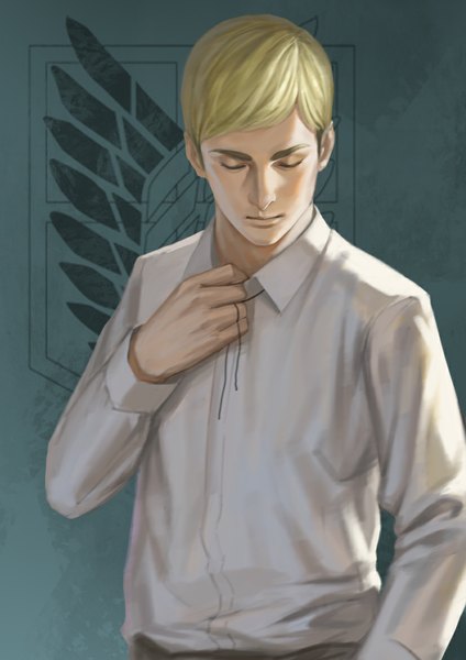 Anime picture 827x1169 with shingeki no kyojin production i.g erwin smith xiongmaotao single tall image short hair blonde hair simple background eyes closed head tilt open shirt eyebrows hand in pocket boy shirt white shirt coat of arms