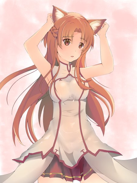 Anime picture 2400x3200 with sword art online a-1 pictures yuuki asuna sylux single long hair tall image blush fringe highres breasts open mouth light erotic simple background brown hair standing brown eyes animal ears payot looking away