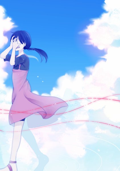Anime picture 882x1254 with kagerou project shaft (studio) asahina hiyori hinata0287 single long hair tall image open mouth twintails sky cloud (clouds) profile low twintails covering crying walking covering face girl dress sundress