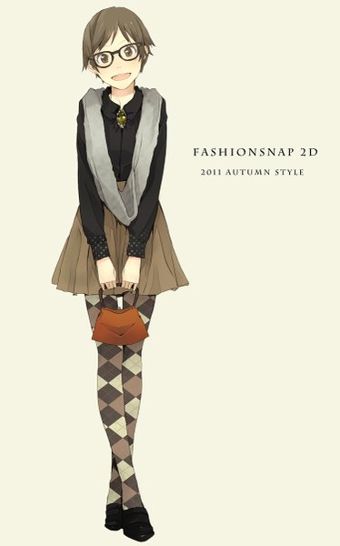 Anime picture 749x1200 with original yoshito (u10) single tall image looking at viewer short hair simple background smile brown hair brown eyes inscription grey background autumn rhombus fashion 2011 girl skirt pantyhose glasses