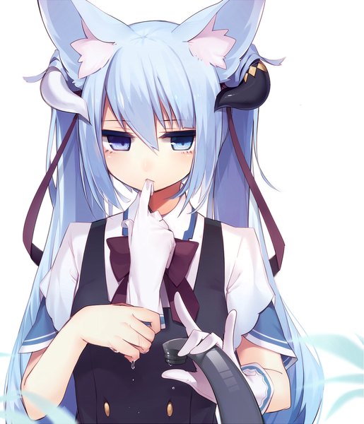 Anime picture 997x1160 with original muryotaro single long hair tall image looking at viewer fringe blue eyes simple background white background purple eyes twintails holding animal ears blue hair horn (horns) fox ears heterochromia mouth hold fox girl