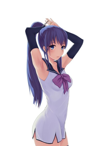 Anime picture 920x1300 with gokukoku no brynhildr arms corporation kuroha neko kano sakurai single long hair tall image fringe breasts blue eyes simple background standing white background purple hair arms up armpit (armpits) adjusting hair black background tying hair girl