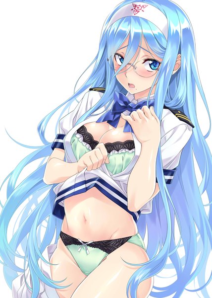 Anime picture 1142x1600 with aoki hagane no arpeggio takao (aoki hagane no arpeggio) nagayori single tall image looking at viewer blush open mouth blue eyes light erotic simple background hair between eyes white background blue hair very long hair girl navel underwear panties glasses