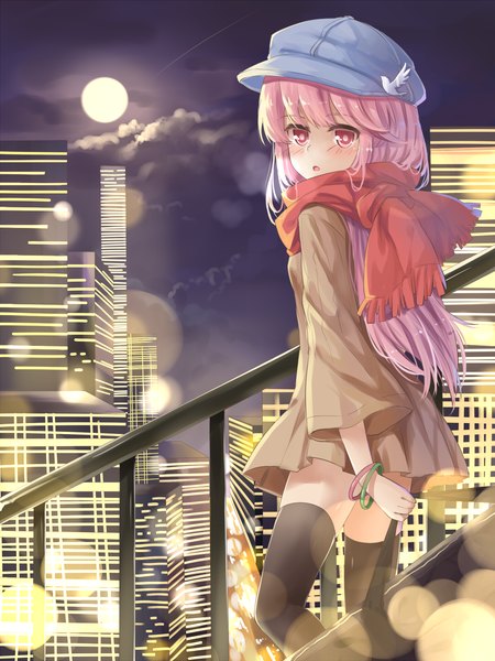Anime picture 1125x1500 with to aru majutsu no index j.c. staff meigo arisa transistor (poppy) single long hair tall image blush open mouth pink hair pink eyes looking back night city cityscape city lights girl thighhighs black thighhighs bracelet