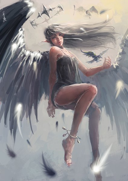 Anime picture 2002x2836 with ghost blade wlop single long hair tall image highres blue eyes barefoot pointy ears grey hair grey background flying angel wings angel hair over eyes girl animal wings bird (birds) feather (feathers)