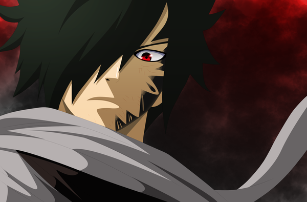 Anime picture 1600x1053 with fairy tail rogue cheney lworldchiefl single fringe short hair black hair red eyes sky cloud (clouds) hair over one eye tattoo coloring portrait face paint boy scarf