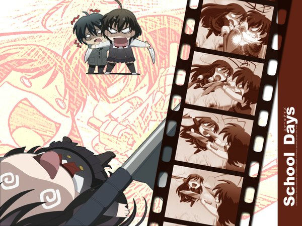Anime picture 1024x768 with school days katsura kotonoha saionji sekai itou makoto holding wallpaper chibi dual wielding yandere film strip knife saw