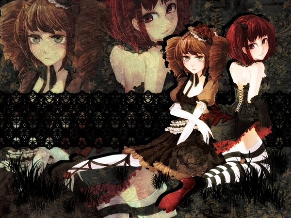 Anime picture 1600x1200 with memai short hair red eyes brown hair twintails bare shoulders multiple girls brown eyes red hair looking back hair flower back drill hair zoom layer goth-loli girl thighhighs dress gloves hair ornament