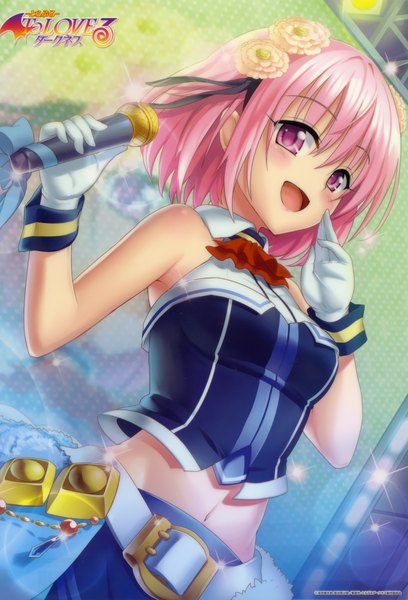 Anime picture 2695x3962 with toloveru toloveru darkness xebec momo velia deviluke single tall image blush highres short hair open mouth purple eyes looking away pink hair hair flower scan official art midriff girl gloves navel