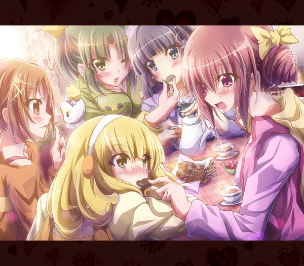 Anime picture 1600x1400 with precure smile precure! toei animation aoki reika kise yayoi midorikawa nao hoshizora miyuki hino akane (smile precure!) inoshishi (ikatomo) long hair blush short hair open mouth blue eyes black hair blonde hair brown hair purple eyes multiple girls brown eyes