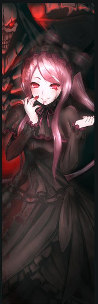 Anime picture 644x1976 with overlord (maruyama) madhouse shalltear bloodfallen ainz ooal gown sen-jo ayatsuki long hair tall image looking at viewer fringe breasts smile red eyes standing pink hair long sleeves pink eyes light smile puffy sleeves glowing dark background