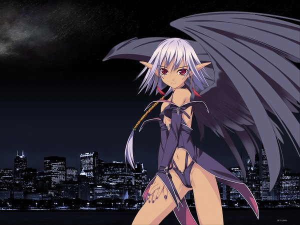 Anime picture 1600x1200 with original f-ism murakami suigun single looking at viewer fringe short hair light erotic hair between eyes red eyes standing bare shoulders silver hair cloud (clouds) outdoors nail polish fingernails pointy ears night night sky