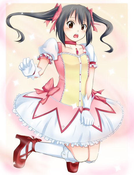 Anime picture 1476x1919 with mahou shoujo madoka magica k-on! shaft (studio) kyoto animation nakano azusa long hair tall image open mouth black hair simple background red eyes white background twintails cosplay girl dress gloves bow hair bow