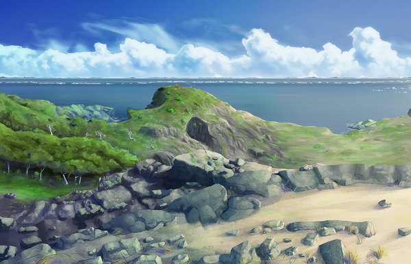 Anime picture 1400x901 with original xenocracy (artist) sky cloud (clouds) mountain no people landscape plant (plants) tree (trees) sea grass stone (stones) wave (waves)