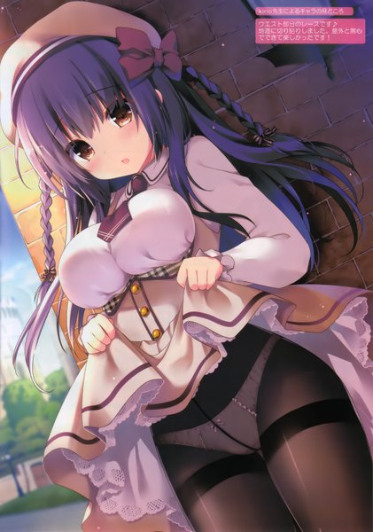 Anime picture 2134x3038 with original kino (kino konomi) single long hair tall image blush fringe highres breasts open mouth light erotic large breasts brown eyes blue hair braid (braids) from below twin braids skirt lift dress lift girl