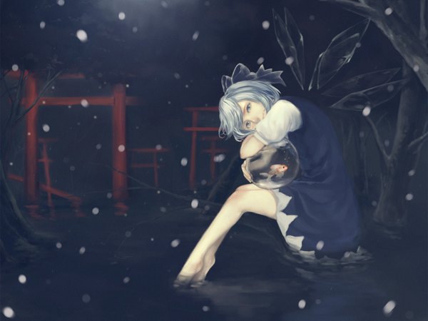Anime picture 1600x1200 with touhou cirno porigon single short hair blue eyes blue hair barefoot snowing sad soaking feet girl bow plant (plants) hair bow wings tree (trees) water fish (fishes) torii