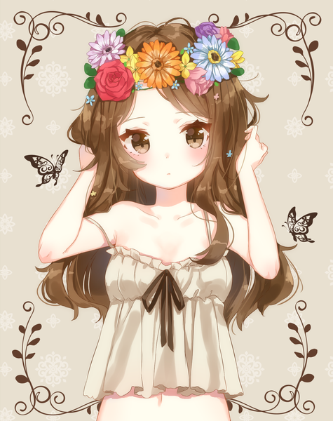 Anime picture 1300x1641 with jimmy madomagi single long hair tall image looking at viewer blush brown hair bare shoulders brown eyes upper body bare belly loli adjusting hair strap slip framed girl flower (flowers) insect butterfly wreath