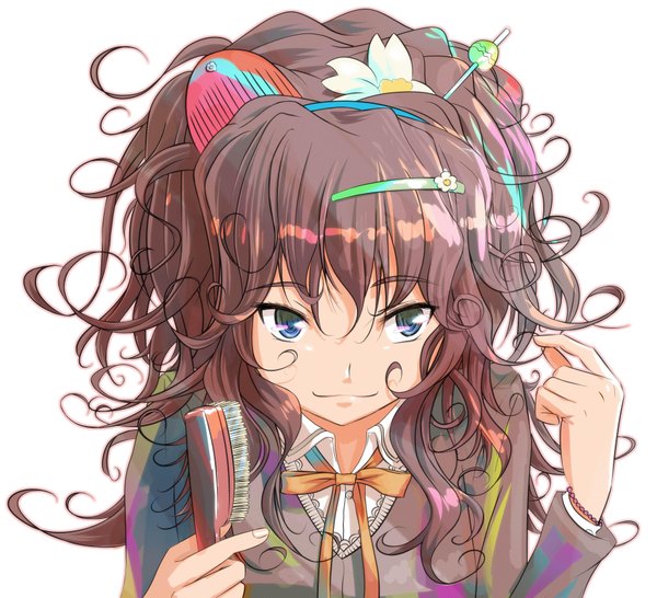 Anime picture 3694x3364 with 108 single highres blue eyes smile brown hair absurdres hair flower :3 girl uniform hair ornament bow school uniform bracelet hairclip hairpin (hairpins) comb