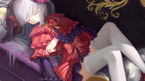 Anime picture 2142x1204 with k-project gohands (studio) kushina anna shana kururi single long hair highres wide image white hair lying eyes closed sleeping girl thighhighs dress bow white thighhighs couch