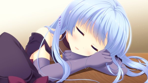 Anime picture 1280x720 with magical dears long hair blush open mouth wide image blue hair game cg eyes closed sleeping girl gloves elbow gloves