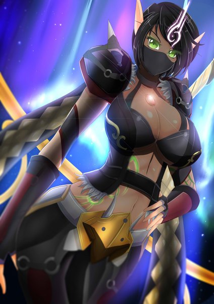Anime picture 1024x1448 with torahime (roland00) single tall image short hair breasts light erotic black hair large breasts green eyes pointy ears hand on hip dark skin girl navel mask