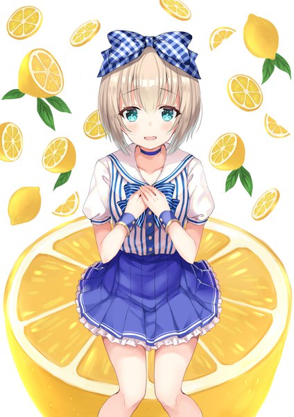 Anime picture 1000x1414 with original harimoji single tall image looking at viewer blush fringe short hair open mouth blonde hair hair between eyes sitting aqua eyes from above puffy sleeves plaid sailor collar girl bow hair bow
