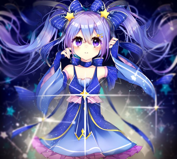 Anime picture 2000x1800 with vocaloid star night snow (vocaloid) hatsune miku yuki miku yuki miku (2017) motsuni (lxxe1120) single blush fringe highres open mouth hair between eyes purple eyes twintails purple hair very long hair parted lips blurry wide sleeves sparkle