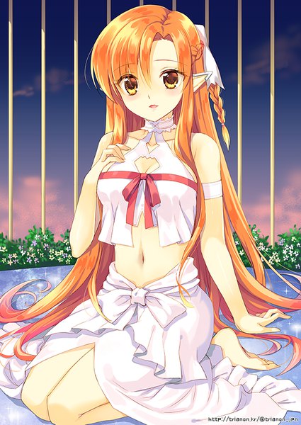 Anime picture 600x847 with sword art online a-1 pictures yuuki asuna titania (alo) trianon single long hair tall image fringe sitting bare shoulders yellow eyes braid (braids) barefoot pointy ears orange hair arm support sparkle midriff hand on chest