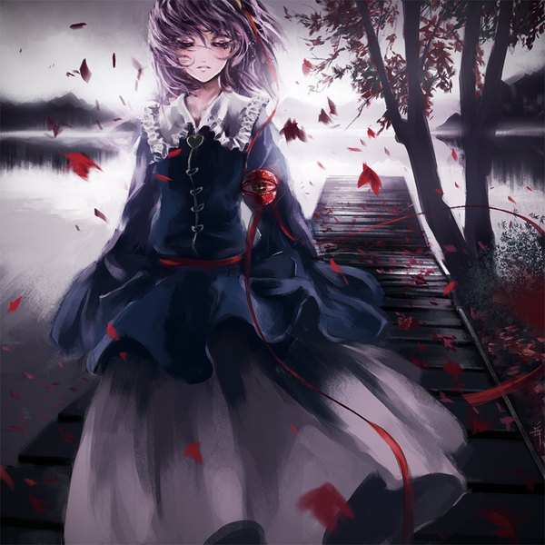 Anime picture 800x800 with touhou komeiji satori archlich single looking at viewer blush fringe short hair standing purple hair traditional clothes japanese clothes wind mountain fog lake girl plant (plants) tree (trees) water