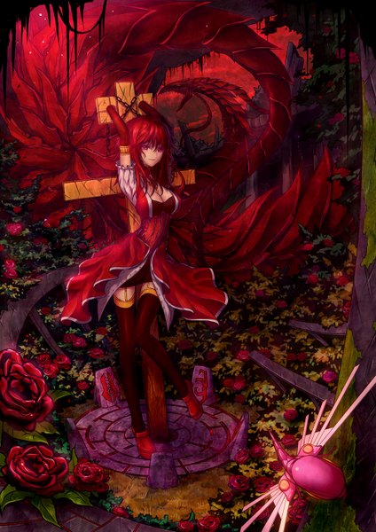 Anime picture 1002x1417 with original horai no han gengetsu long hair tall image red eyes sky red hair red sky girl thighhighs dress gloves flower (flowers) black thighhighs elbow gloves rose (roses) cross dragon