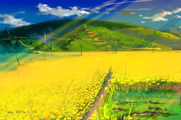 Anime picture 2000x1333 with original xi chen chen highres sunlight dated mountain no people landscape sunbeam scenic field plant (plants) tree (trees) power lines